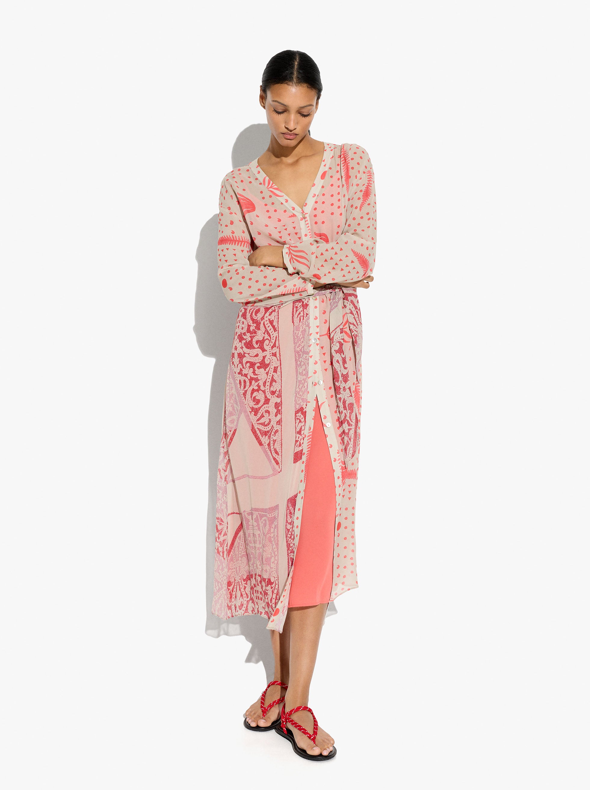 Vestido Midi Estampado Con Drapeado Y Nudo